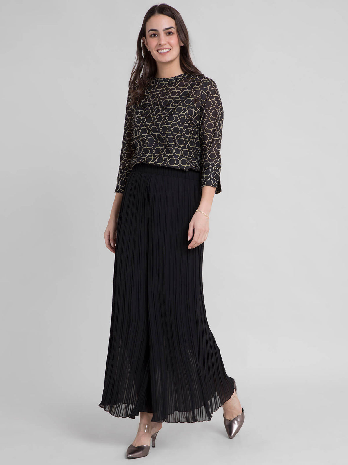 Pleated Wide Leg Pants- Black