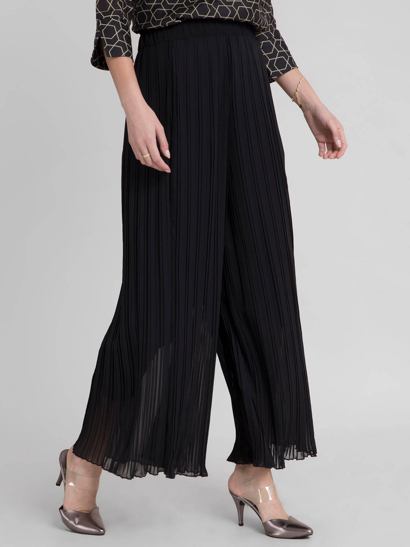 Pleated Wide Leg Pants- Black