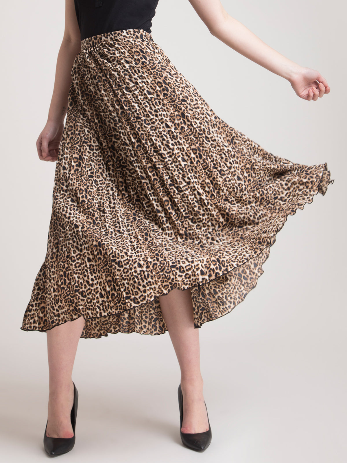 Pleated Flared Animal Print Midi Skirt - Brown