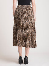 Pleated Flared Animal Print Midi Skirt - Brown