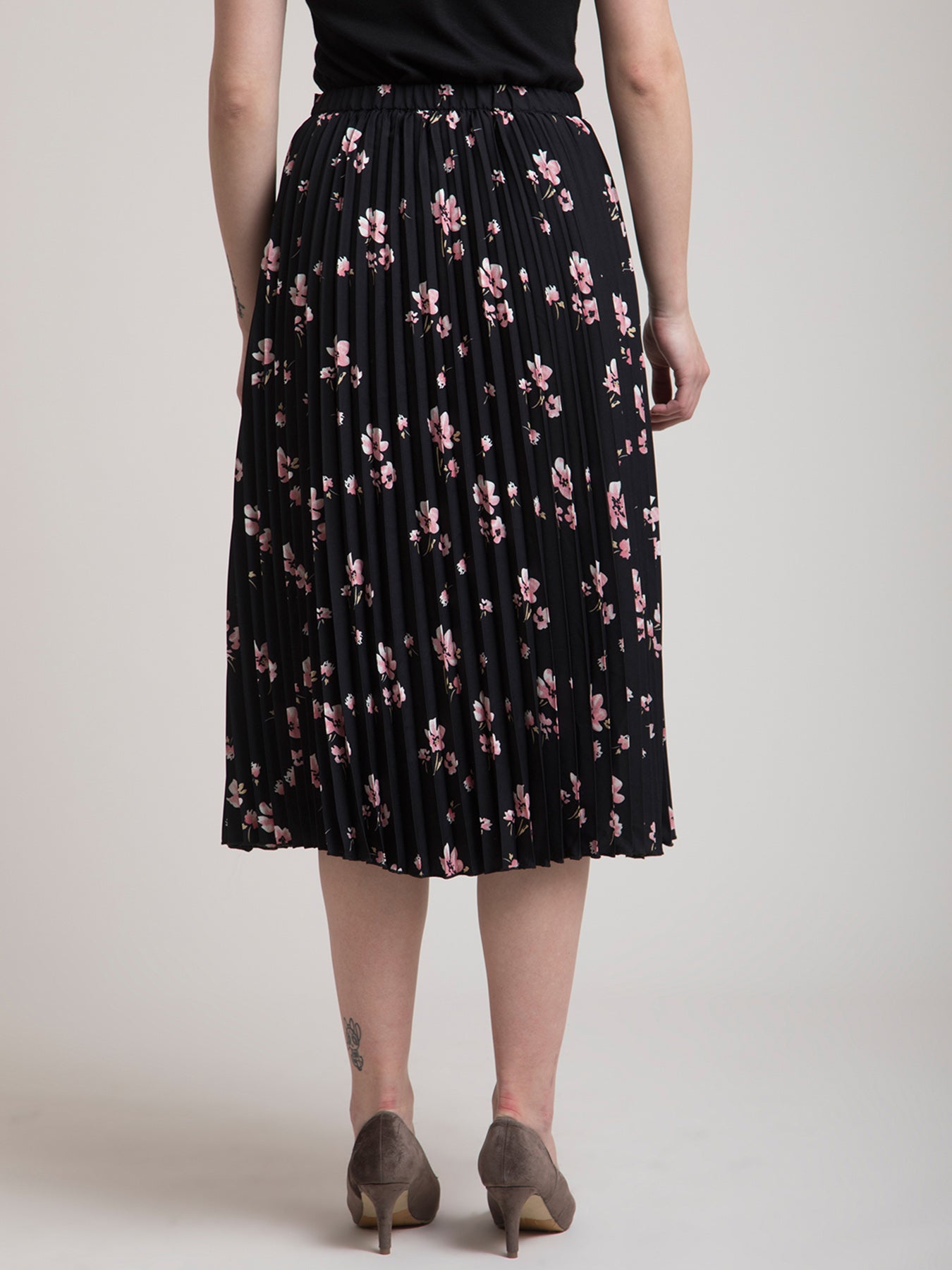 Pleated Flared Floral Midi Skirt - Black| Formal Skirts
