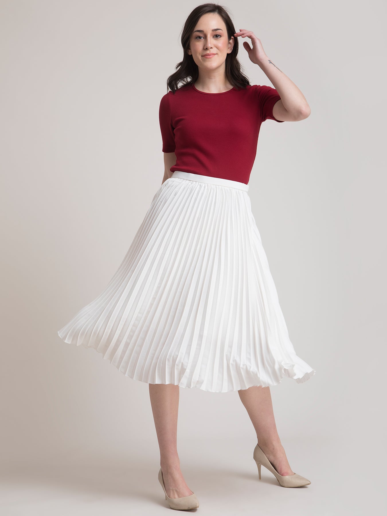 Pleated Flared Midi Skirt - White| Formal Skirts