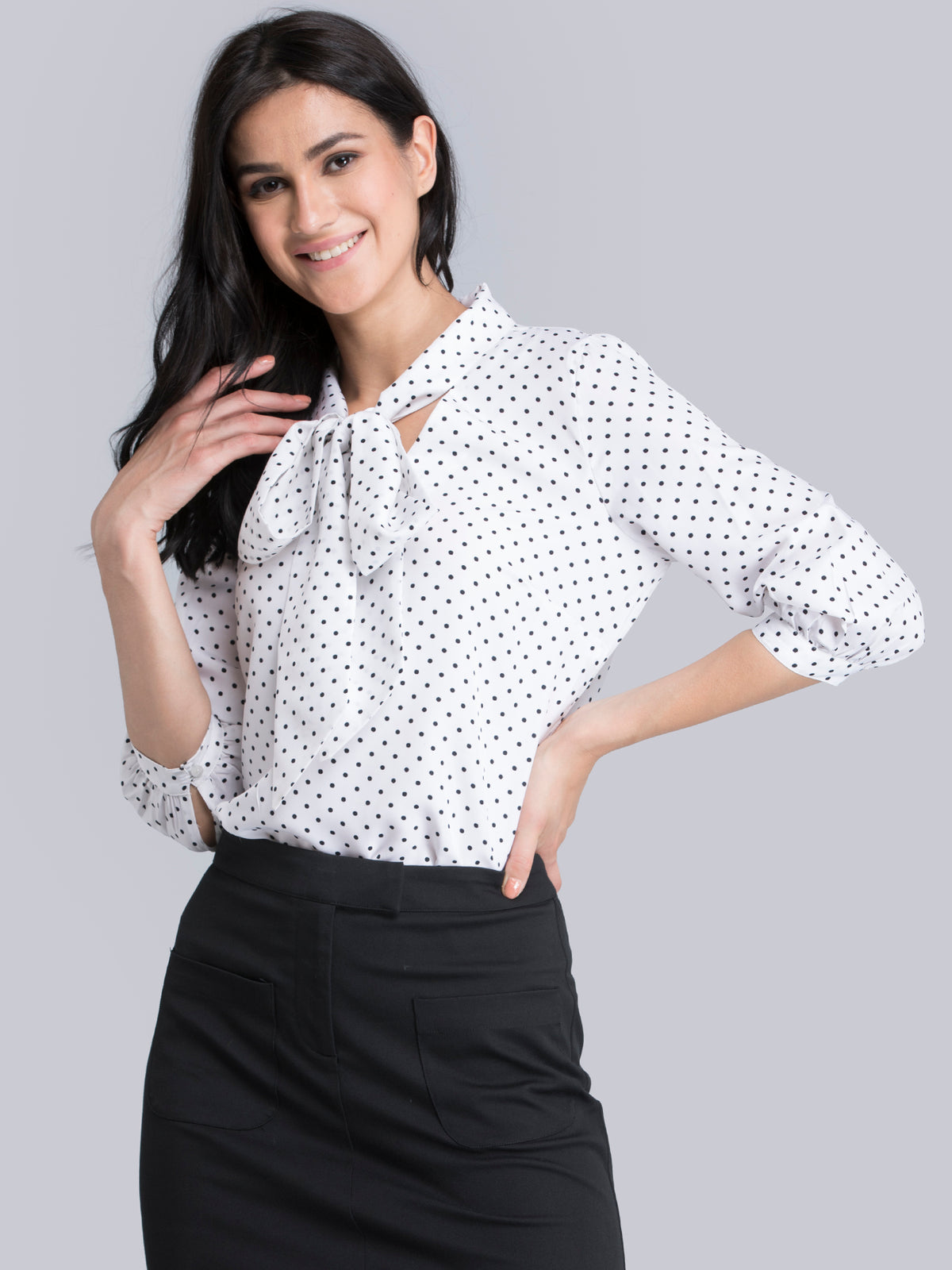 Bow Neck Polka Top - White and Black