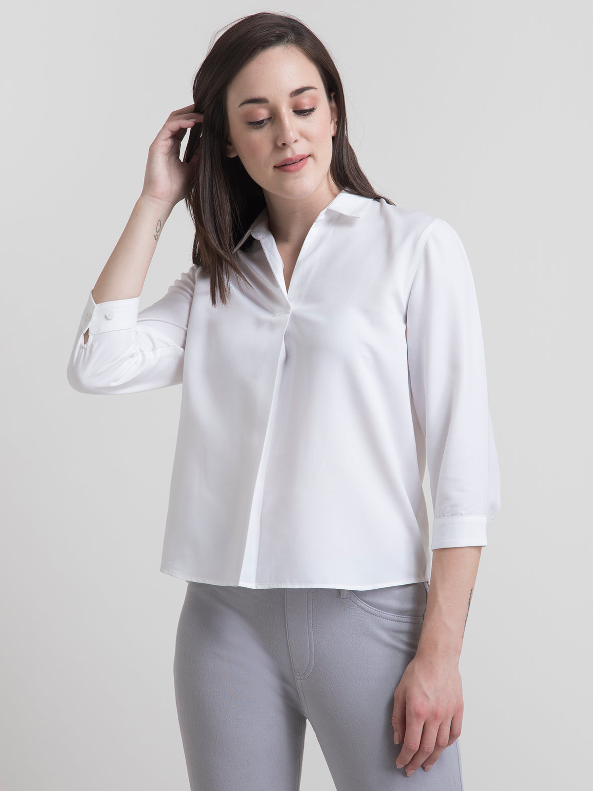 Rayon Collared Pleated Top - White