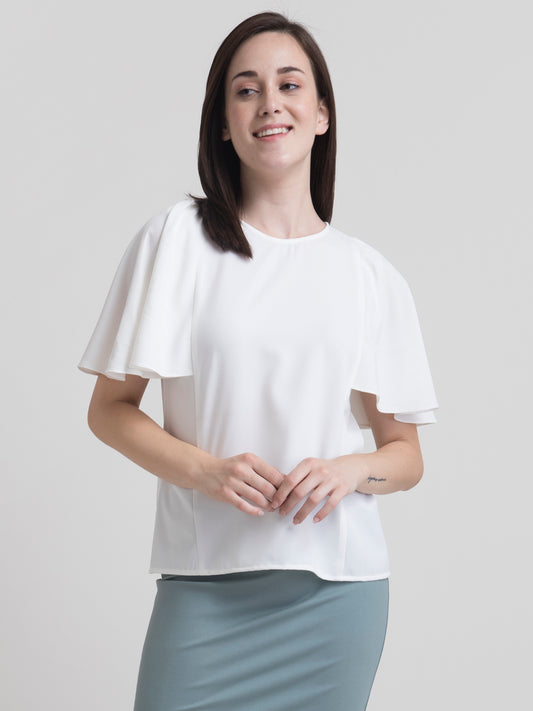 Round Neck Cape Sleeve Top - White