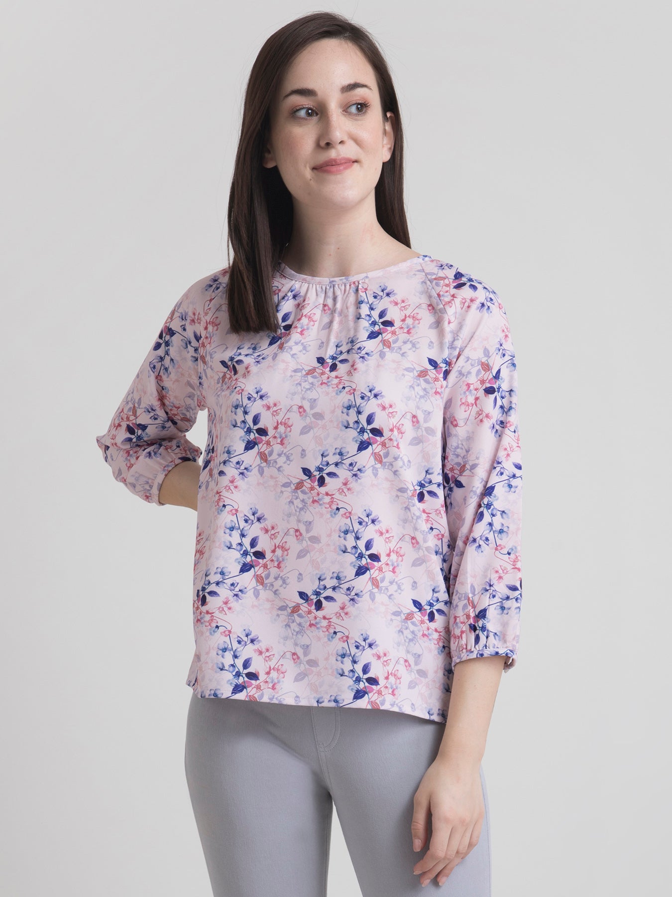 Round Neck Ditsy Floral Top - Pink and Blue