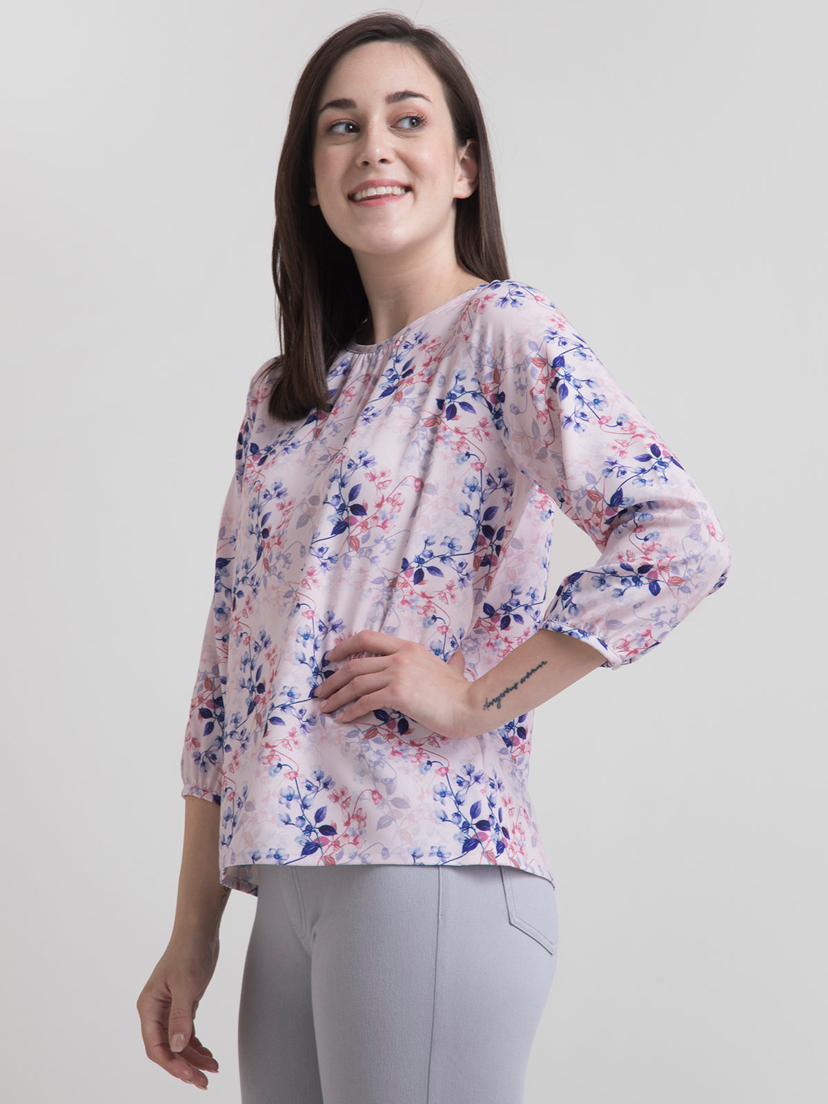 Round Neck Ditsy Floral Top - Pink and Blue