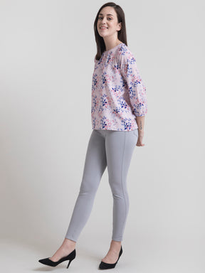 Round Neck Ditsy Floral Top - Pink and Blue