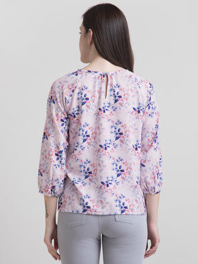 Round Neck Ditsy Floral Top - Pink and Blue