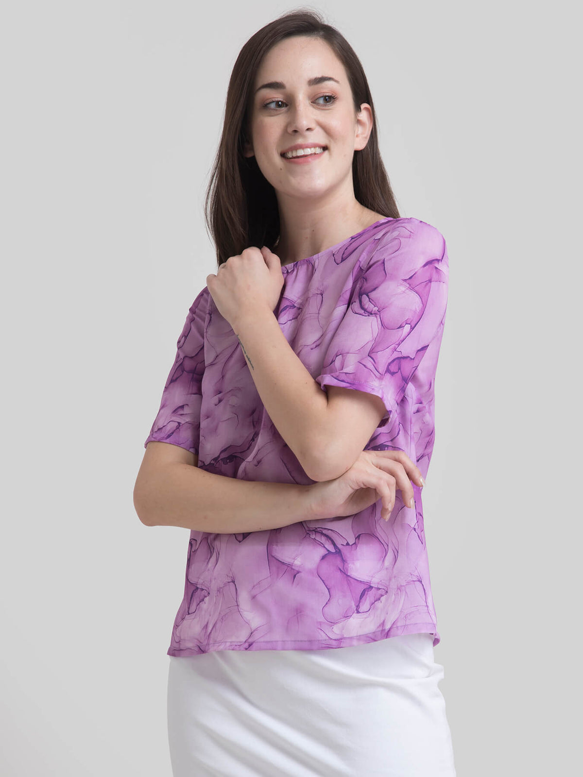 Round Neck Marble Print Top - Lilac