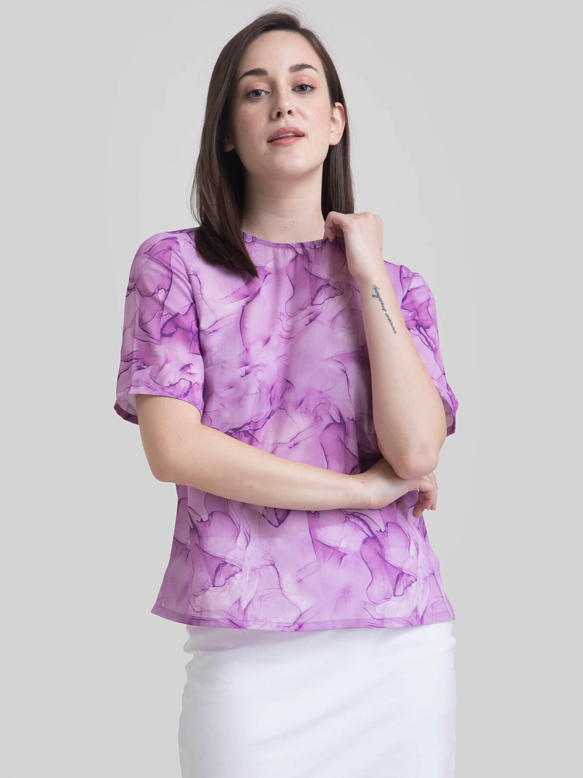 Round Neck Marble Print Top - Lilac
