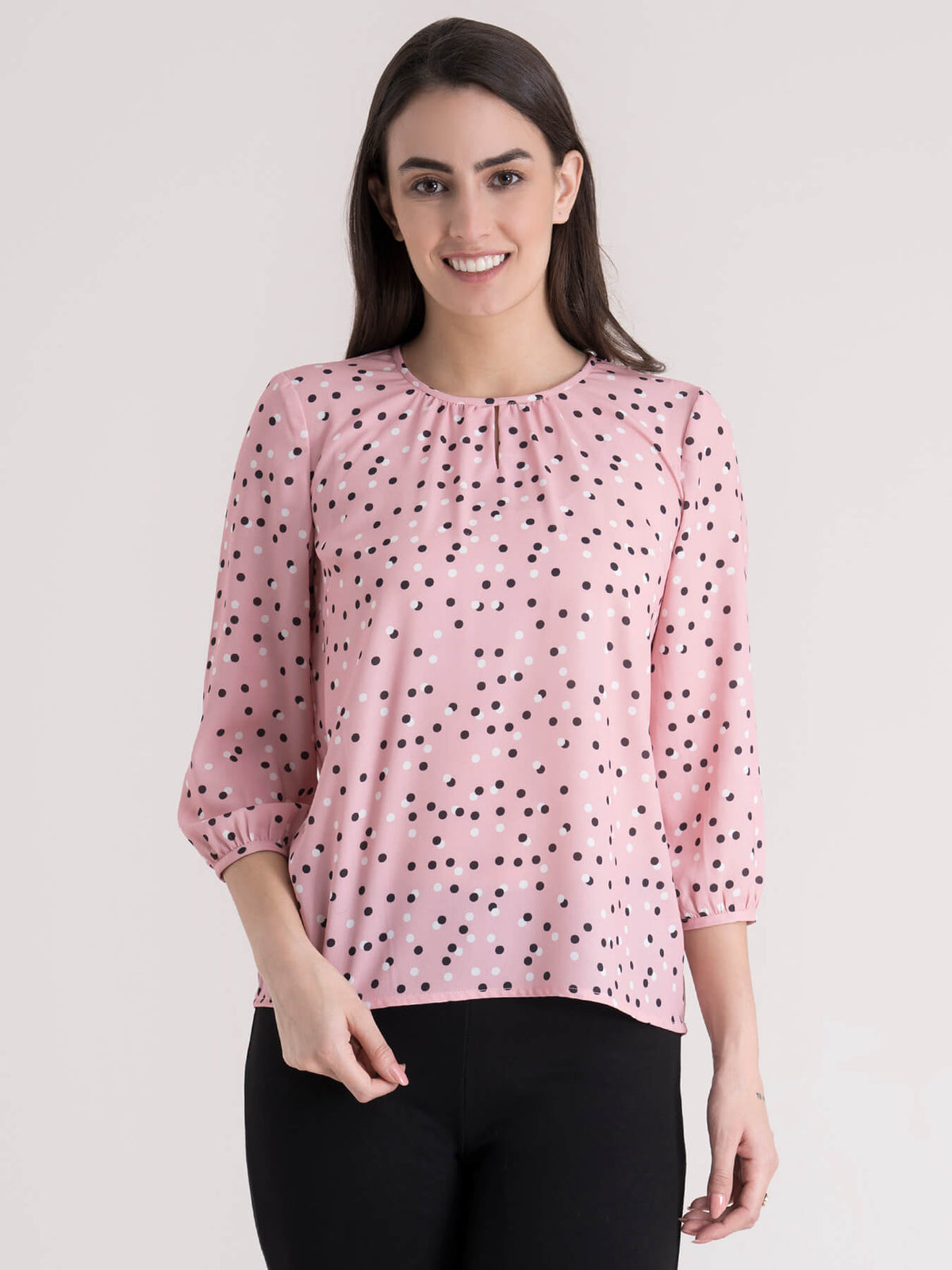 Round Neck Polka Dot Print Top - Pink and Black