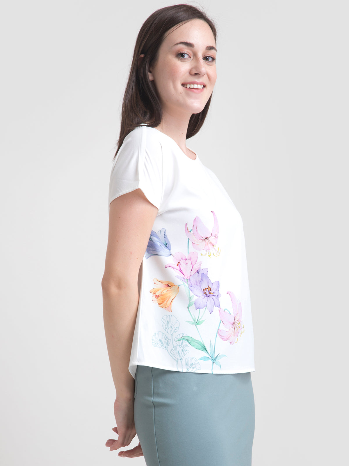 Round Neck Watercolour Floral Top - White| Formal Tops
