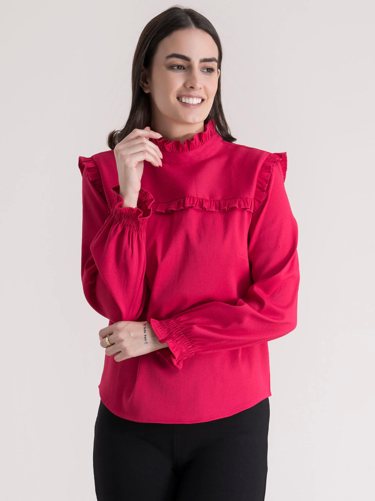 Ruffled High Neck Top - Fuchsia