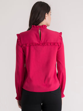 Ruffled High Neck Top - Fuchsia