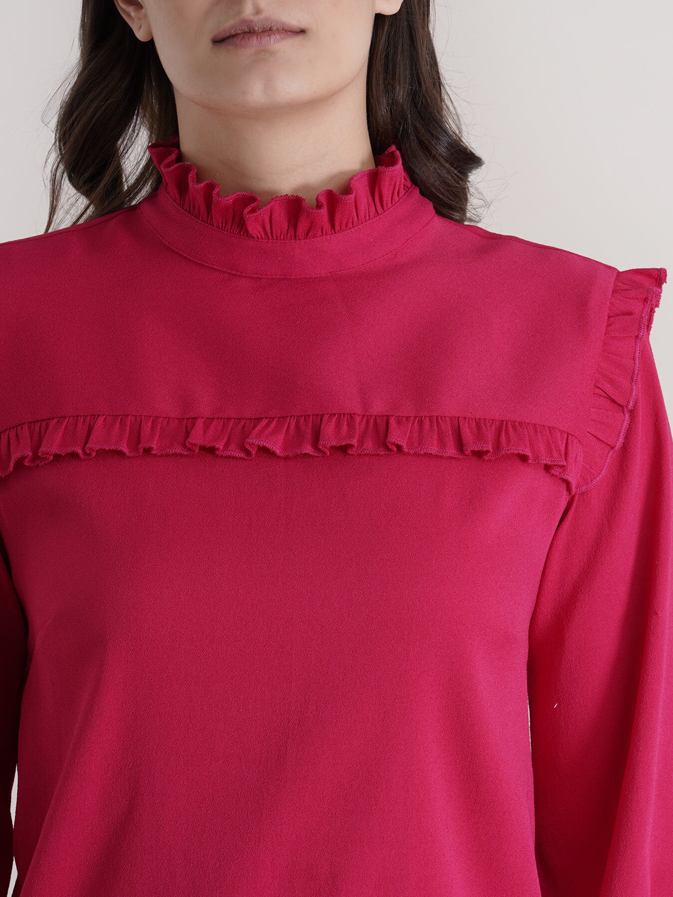 Ruffled High Neck Top - Fuchsia