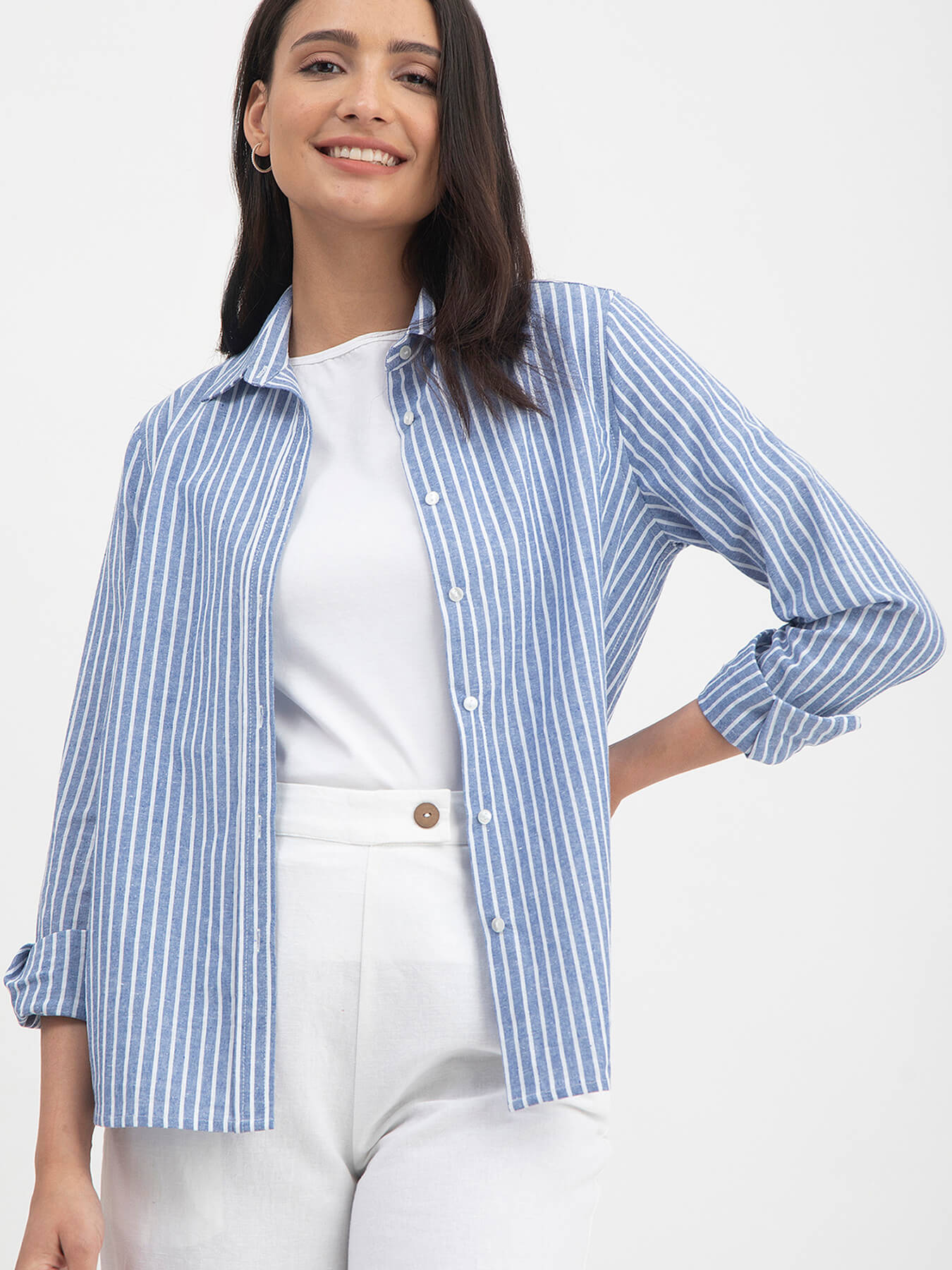 Cotton Linen Stripes Shirt - Blue