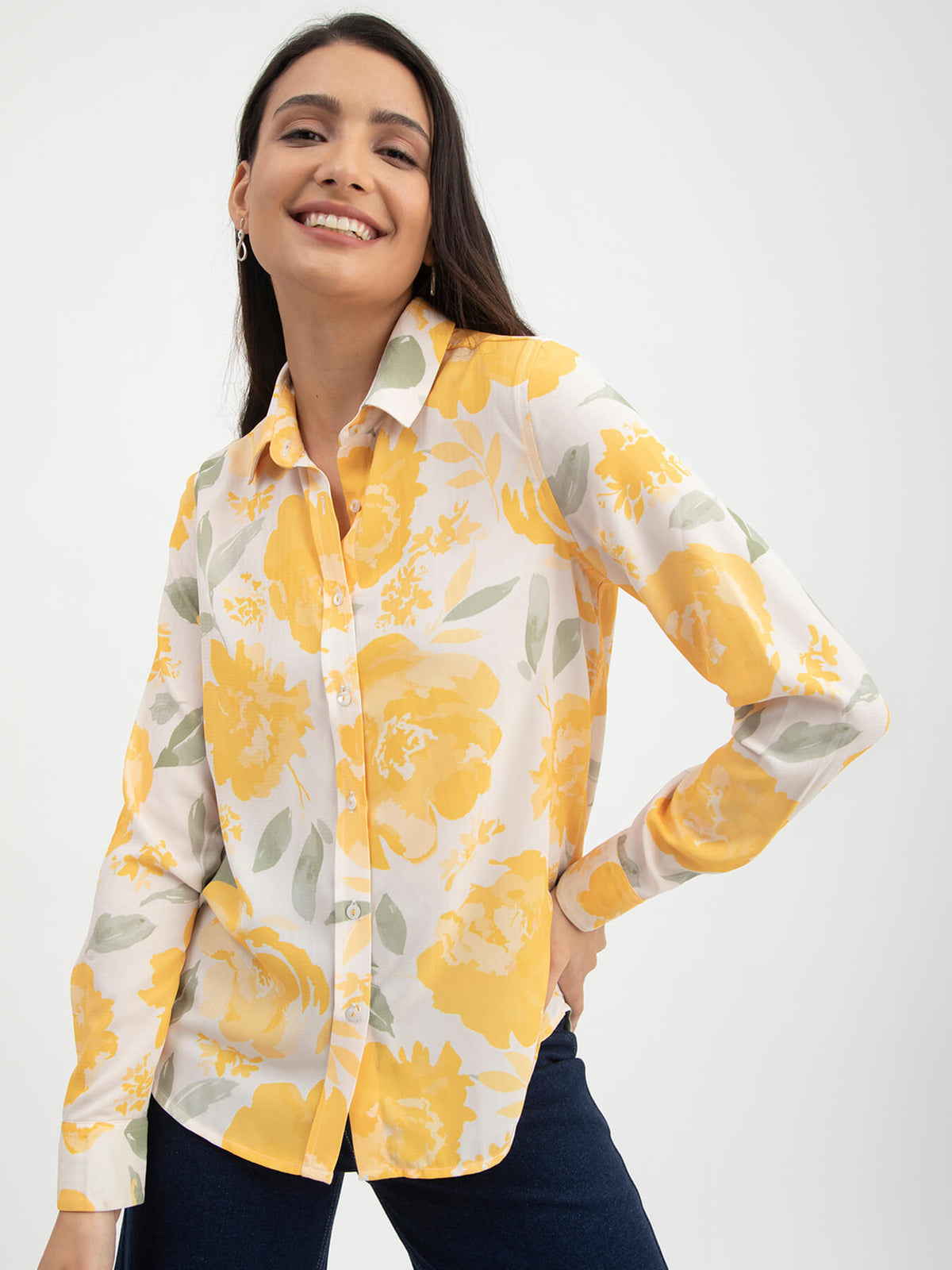Floral Print Collared Shirt - White And Yellow