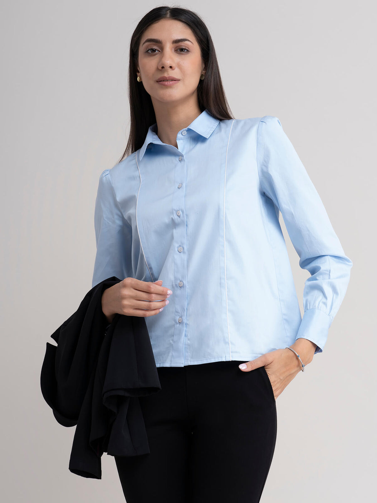 Cotton Piping Detail Shirt - Light Blue