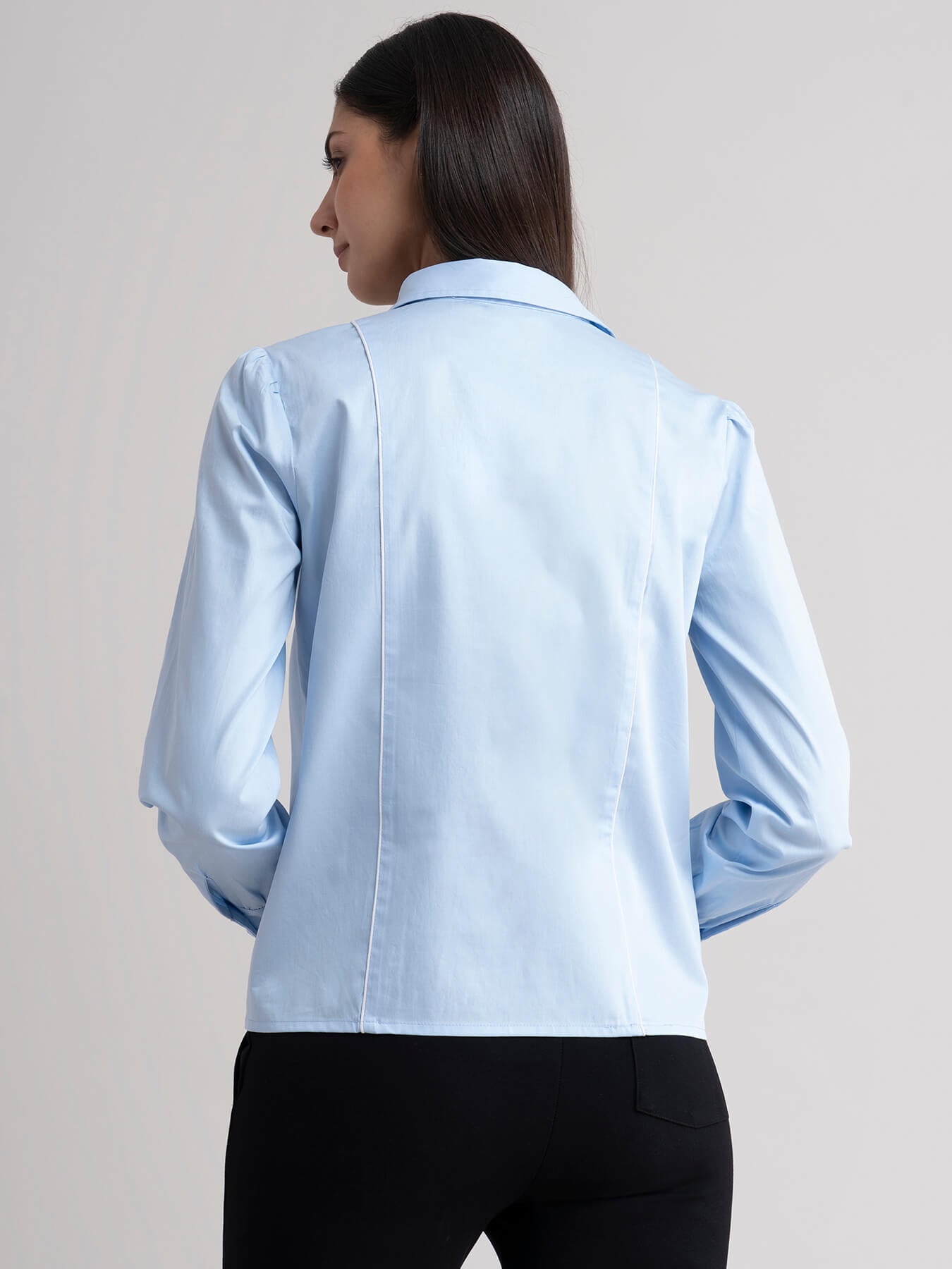Cotton Piping Detail Shirt - Light Blue