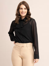 Georgette Solid Ruffle Shirt - Black| Formal Shirts