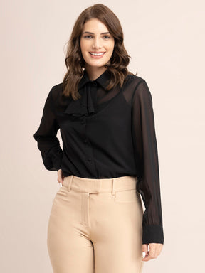 Georgette Solid Ruffle Shirt - Black| Formal Shirts
