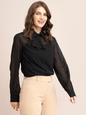 Georgette Solid Ruffle Shirt - Black| Formal Shirts