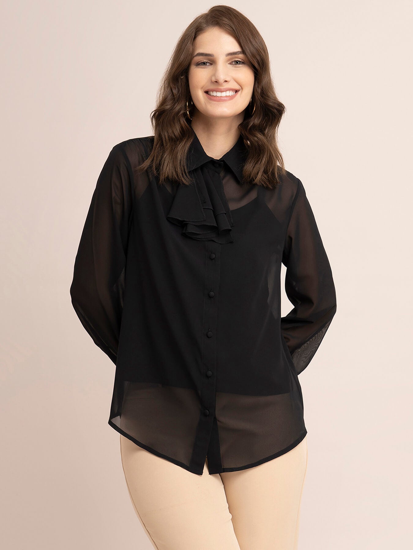 Georgette Solid Ruffle Shirt - Black| Formal Shirts