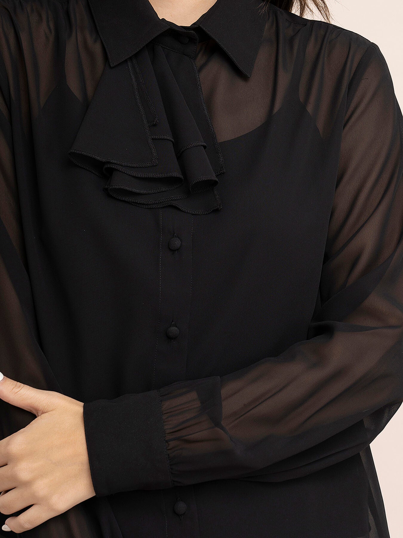 Georgette Solid Ruffle Shirt - Black| Formal Shirts