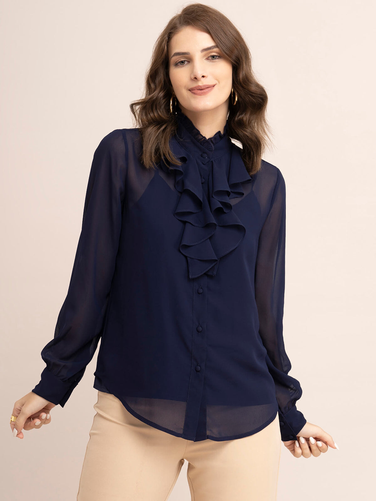 Georgette Solid Ruffle Shirt - Navy Blue| Formal Shirts