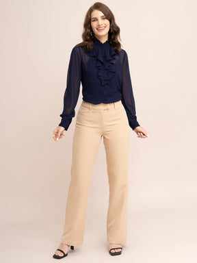 Georgette Solid Ruffle Shirt - Navy Blue| Formal Shirts