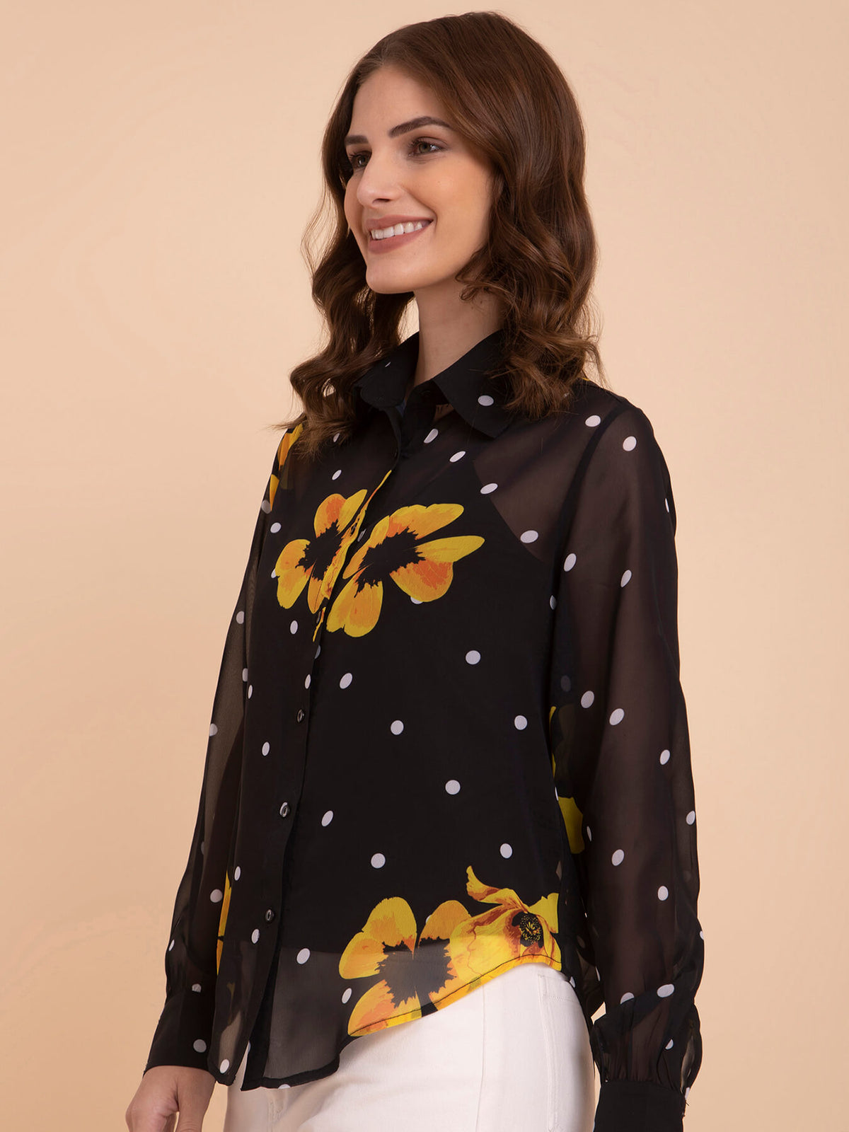 Georgette Floral Print Shirt - Black And Yellow