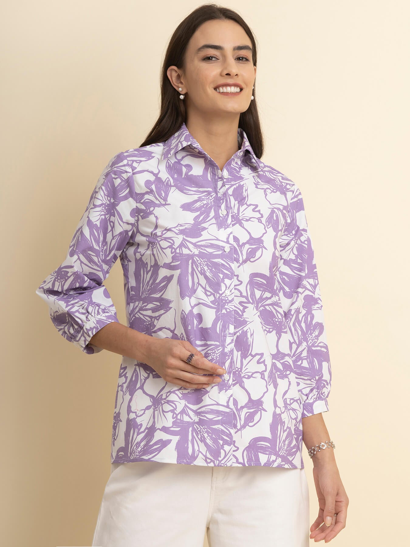 Cotton Floral Print Shirt - White And Lilac