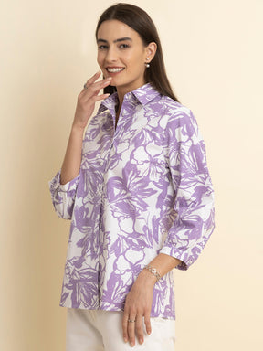 Cotton Floral Print Shirt - White And Lilac