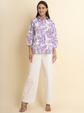 Cotton Floral Print Shirt - White And Lilac