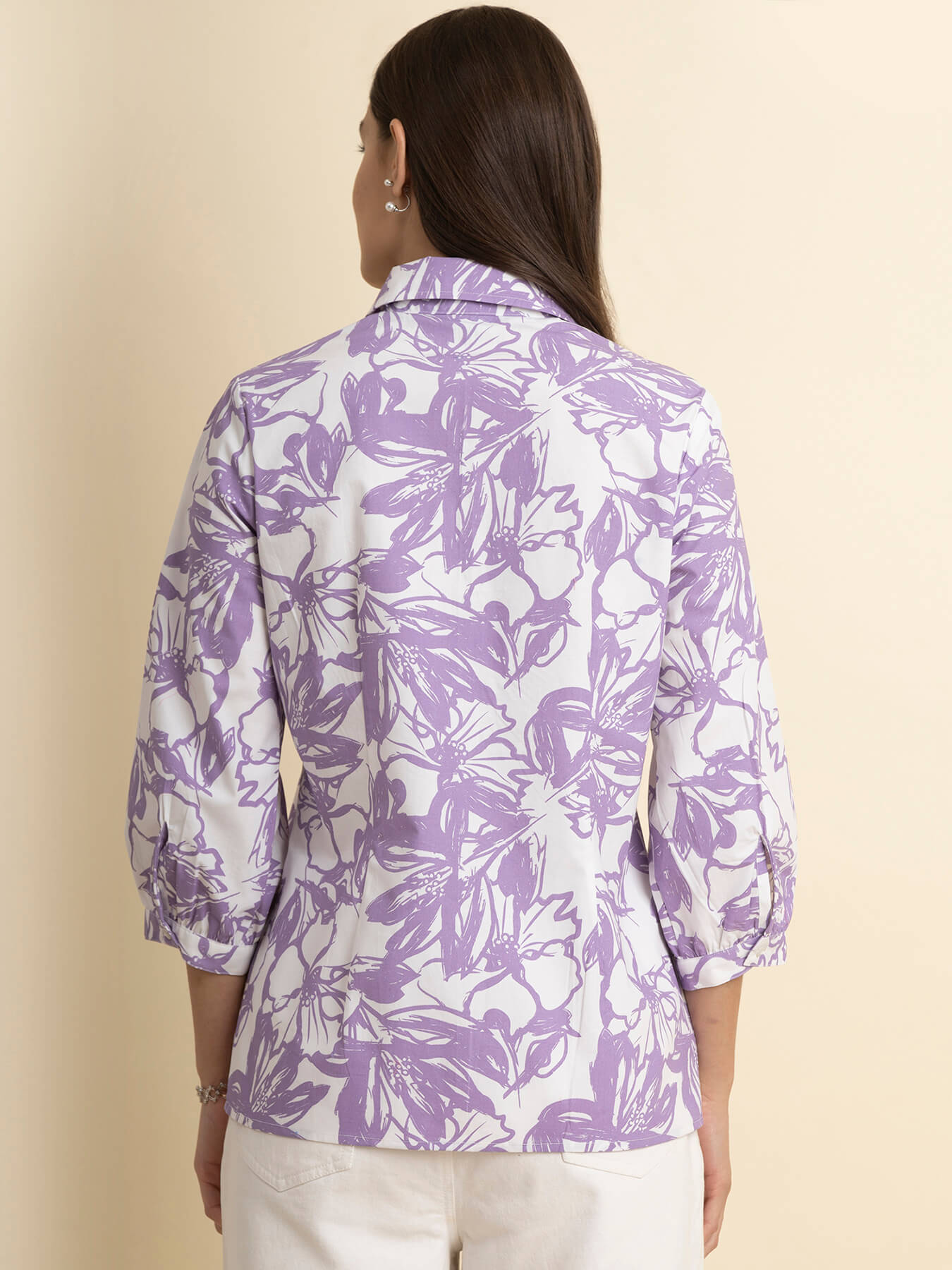 Cotton Floral Print Shirt - White And Lilac