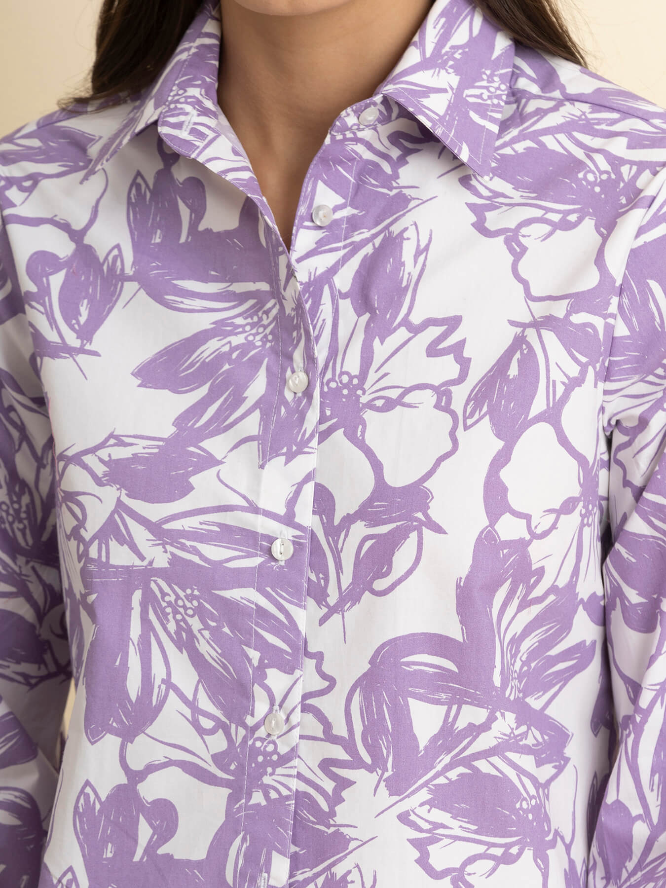 Cotton Floral Print Shirt - White And Lilac