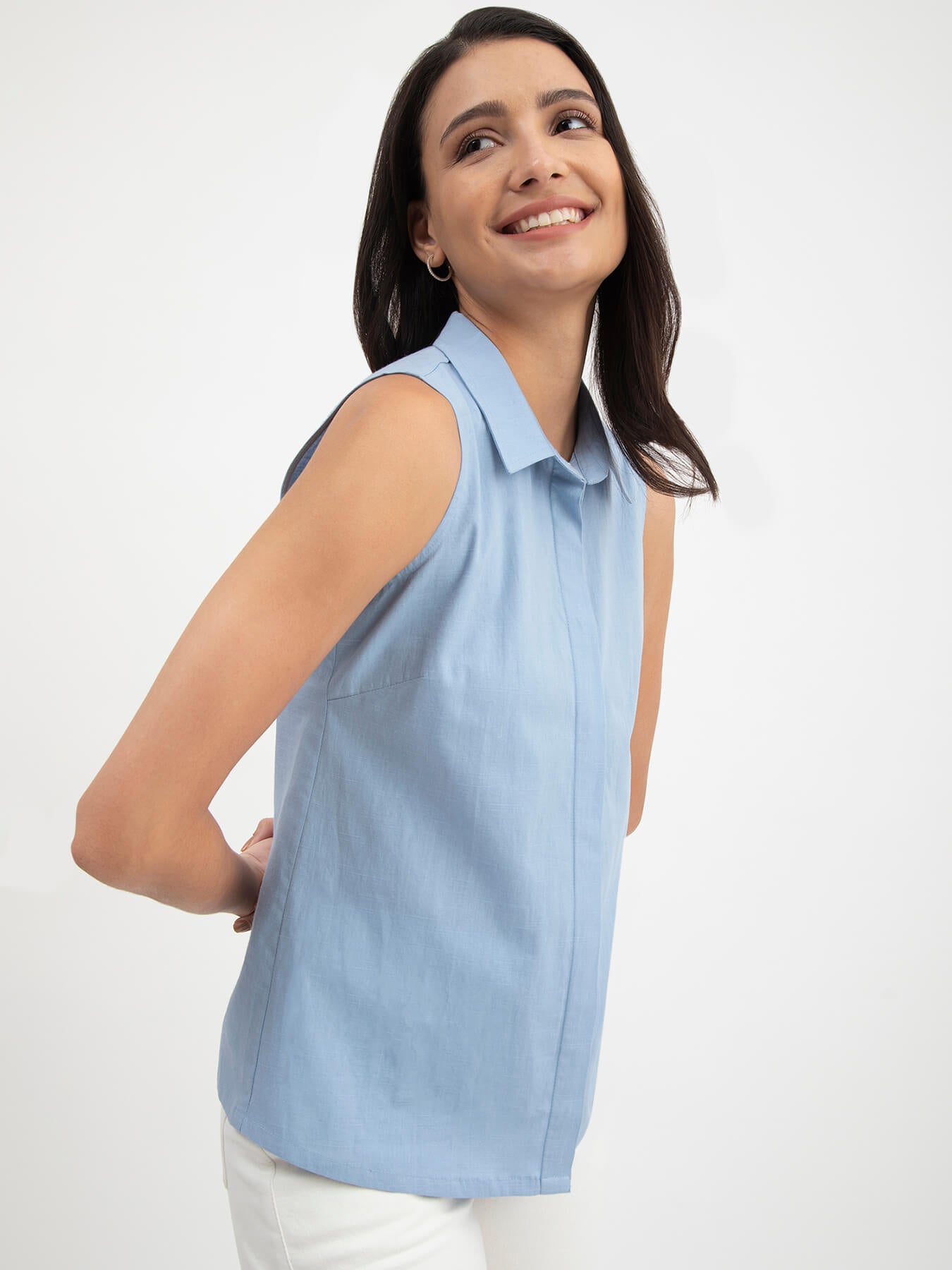 Linen Concealed Placket Shirt - Light Blue