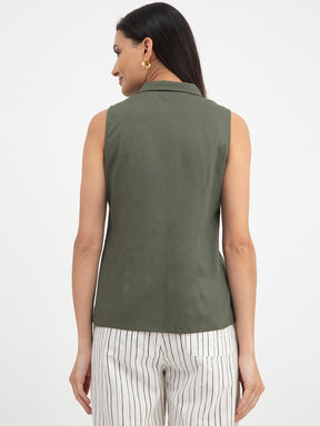 Linen Concealed Placket Shirt - Olive
