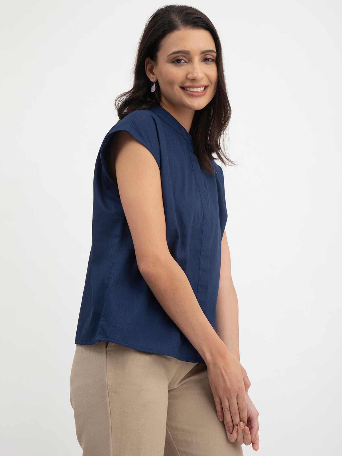 Linen Drop Shoulder Shirt - Navy Blue