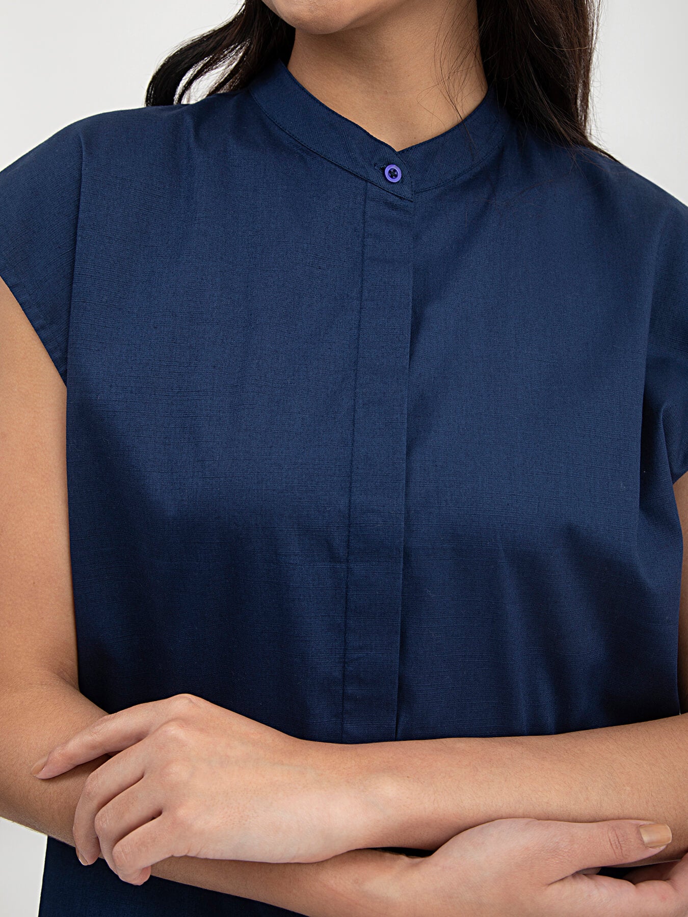 Linen Drop Shoulder Shirt - Navy Blue