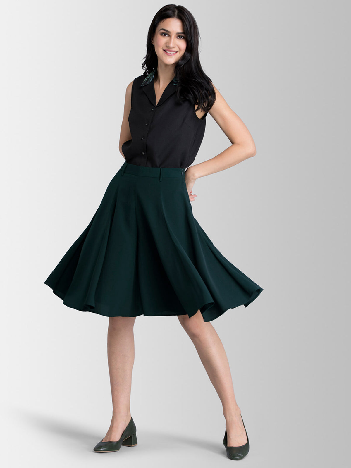 Flared Skort With Panel Detail - Green