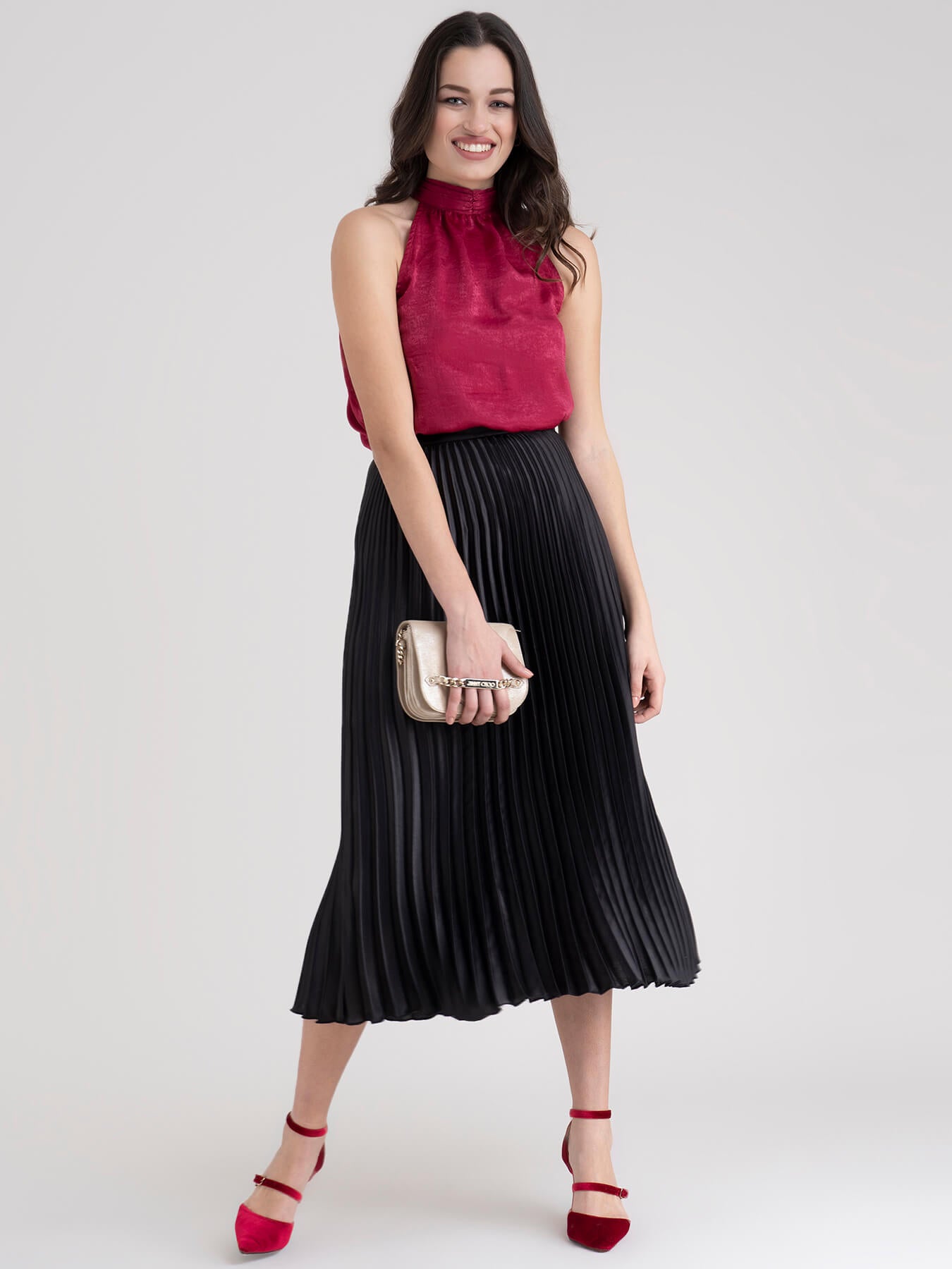 Accordion Pleated Satin Skirt - Black