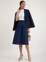 Linen Elasticated Belt Midi Skirt - Navy Blue| Formal Skirts