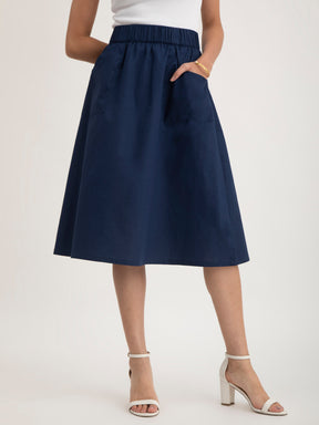 Linen Elasticated Belt Midi Skirt - Navy Blue| Formal Skirts