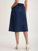 Linen Elasticated Belt Midi Skirt - Navy Blue| Formal Skirts