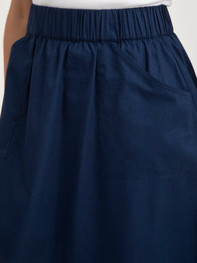 Linen Elasticated Belt Midi Skirt - Navy Blue| Formal Skirts