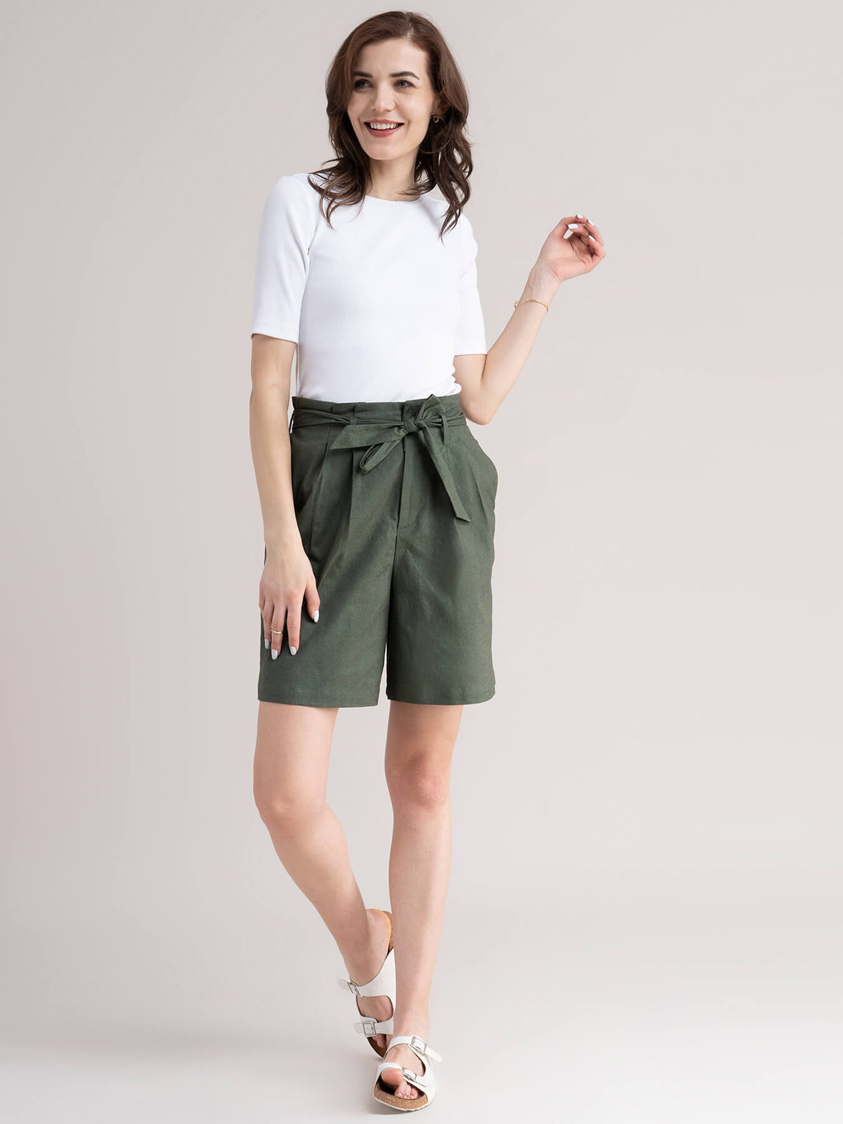 Linen Paper Bag Shorts - Olive