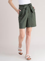 Linen Paper Bag Shorts - Olive