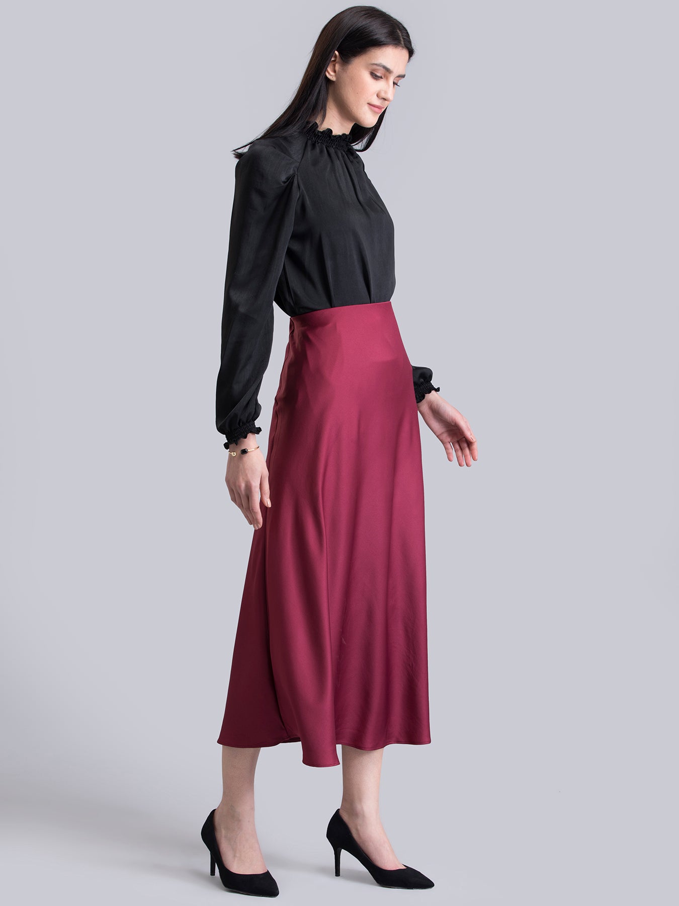 Satin Elasticated A Line Skirt - Maroon